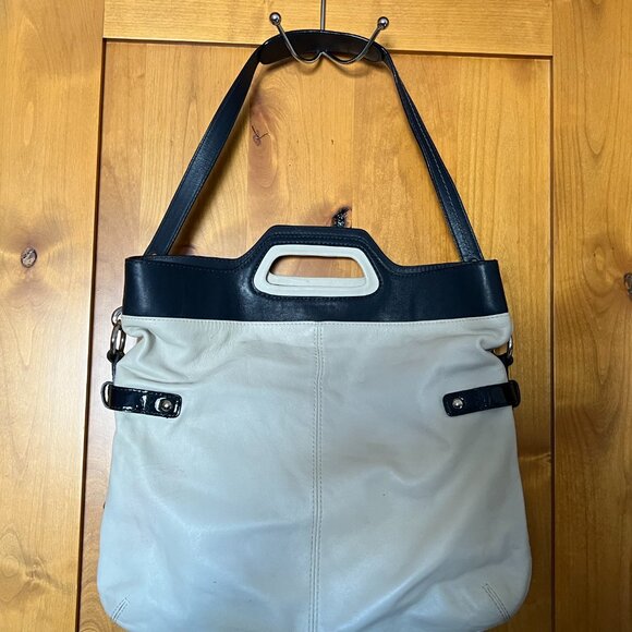 Coach M0873-13380 Ecru Leather Blue Double Handle Foldover Zipper Gusset Bag - Picture 2 of 10